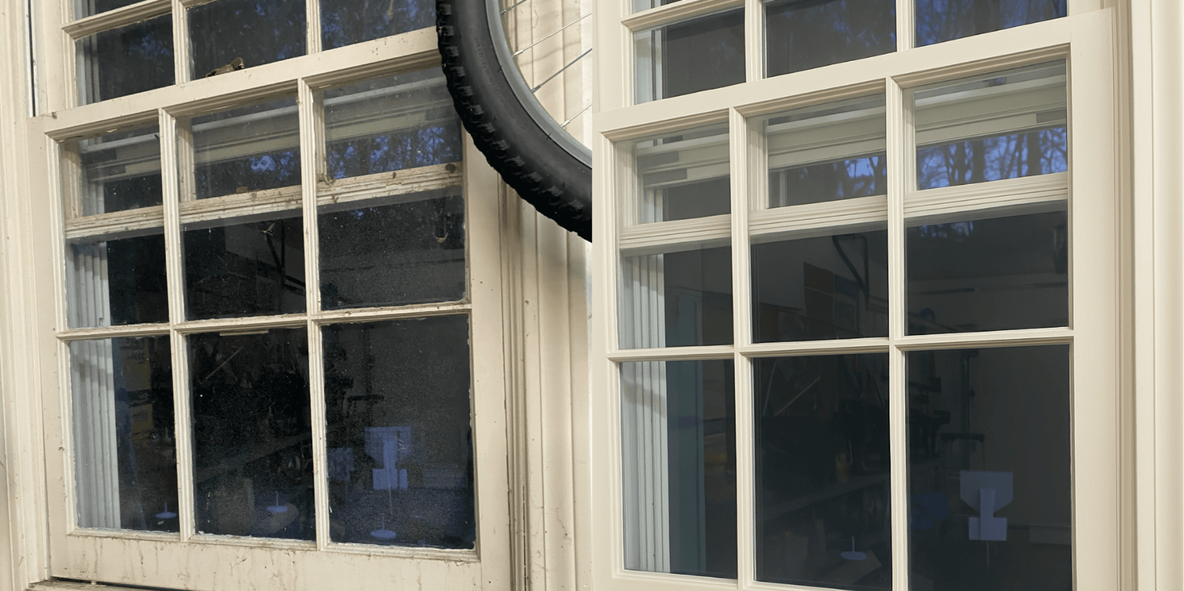 Close-up of detailed work on multi-pane window frames